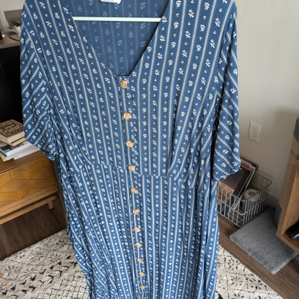 Dip Blue and White Buttoned V-Neck Sundress, Cottage Core Sundress